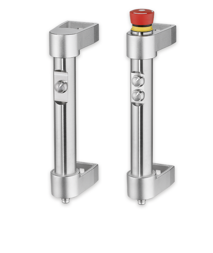 Kraus & Naimer Controls: Funktionsgriff FH16-ST01S und FH16-ST05S mit Drucktastern, separaten LED Meldeleuchten und Not-Halt, Edelstahl