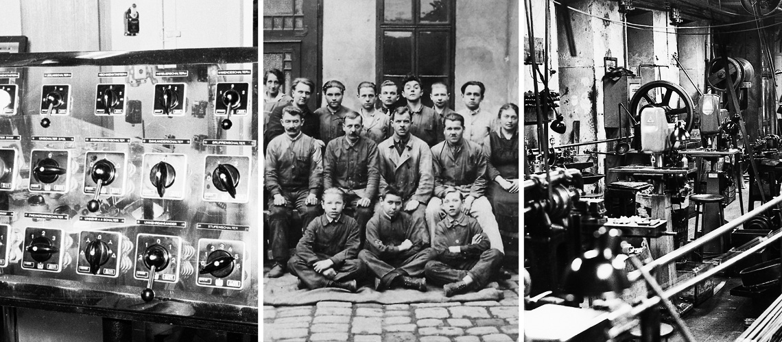 history (Kraus and Naimer, K&N) picture series (control desk with Kraus and Naimer switches, historical group photo of Kraus and Naimer factory workers, old Kraus and Naimer production facility) (K&N, Schumanngasse, 1180 Wien)
