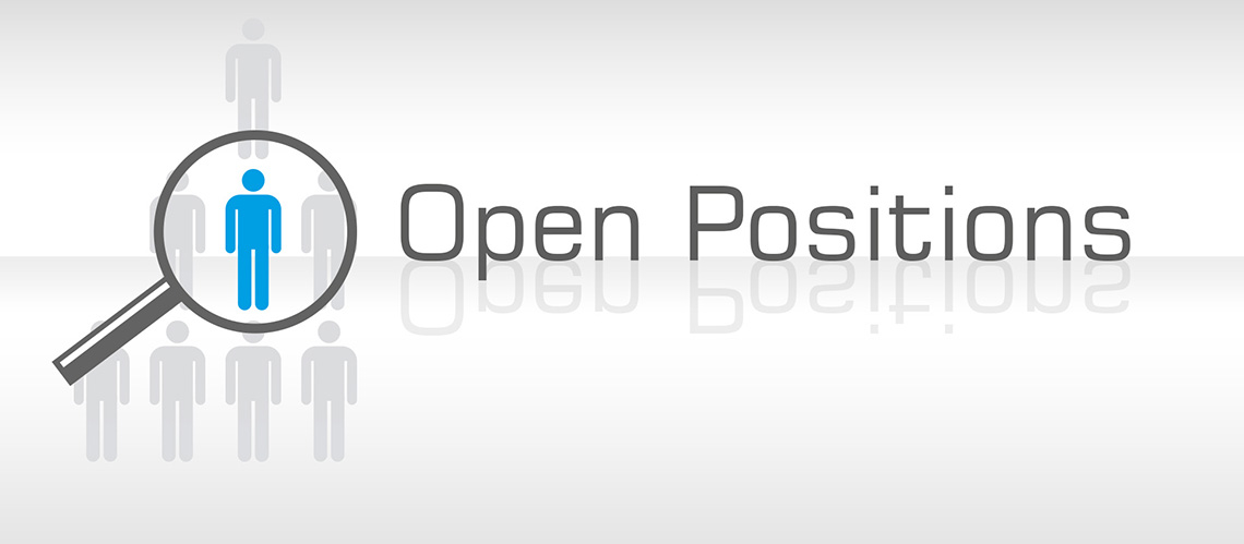 person icon, magnifying glass, group of seven grey and one blue person icon, a magnifying glass is infront of the blue person icon, reflectig font saying "Open Positions", white grey background