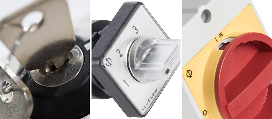 Picture series of three pictures (close up picture of a key operator,  switch with a indicator handle, close up of a mainswitch in zero position)(header picture, Kraus an Naimer, K&N)
